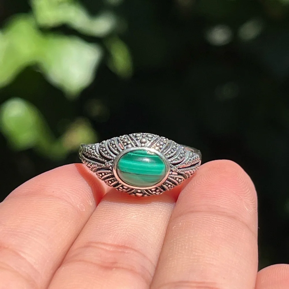 Sterling silver adjustable natural malachite ring‎